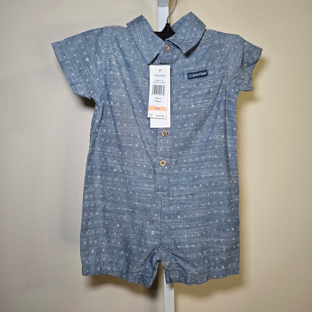 Calvin Klein Baby Boys 12M Blue Letter Print Short Sleeve One Piece Romper‎